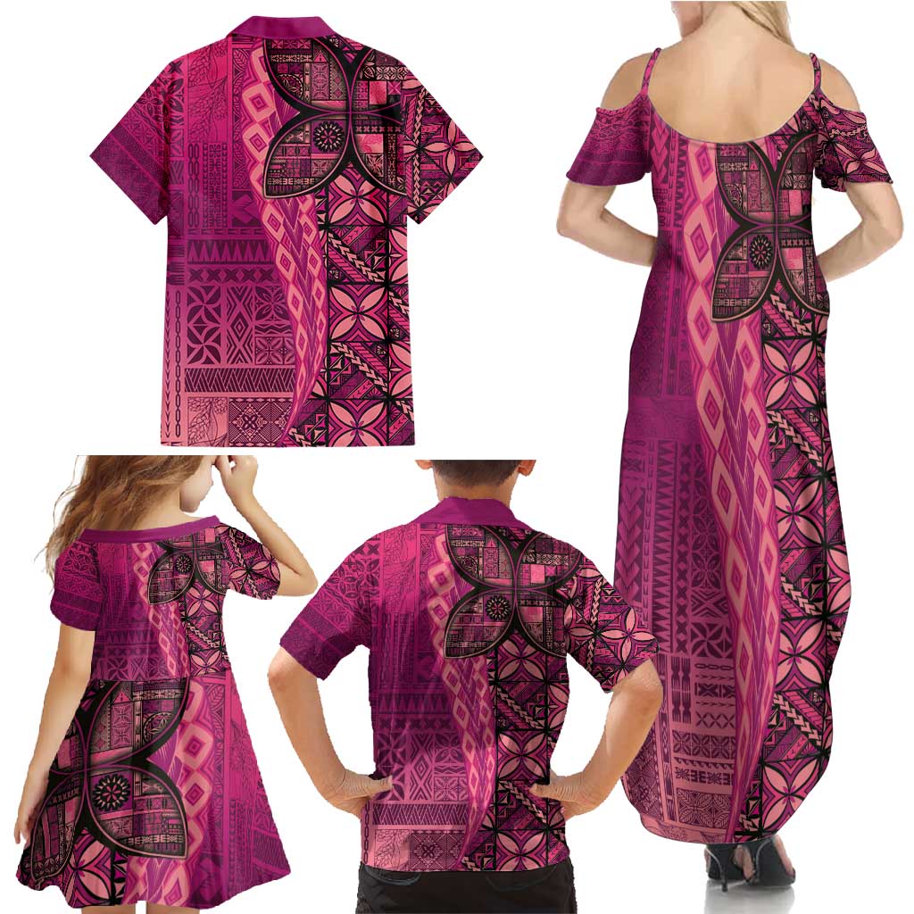 Samoan Pacific Tribal Flower Geometric Art Tattoos Family Matching Summer Maxi Dress and Hawaiian Shirt Siapo Pattern Romantic Rose LT03 - Polynesian Pride