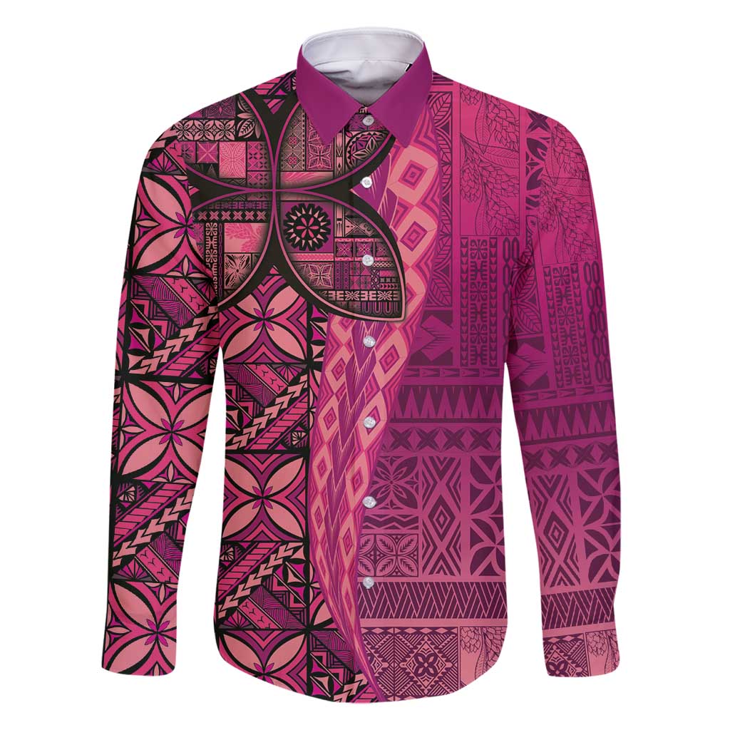 Samoan Pacific Tribal Flower Geometric Art Tattoos Family Matching Summer Maxi Dress and Hawaiian Shirt Siapo Pattern Romantic Rose LT03 Dad's Shirt - Long Sleeve Pink - Polynesian Pride
