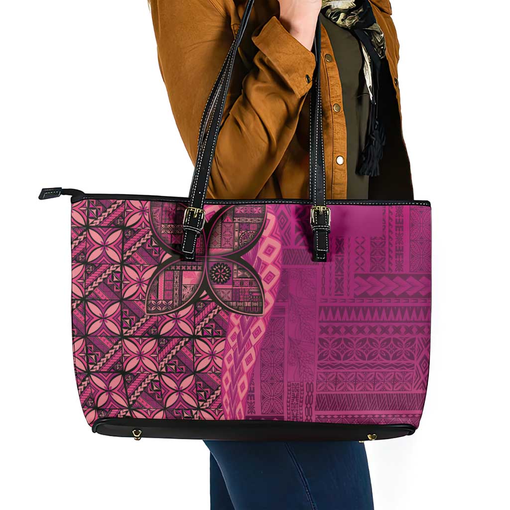 Samoan Pacific Tribal Flower Geometric Art Tattoos Leather Tote Bag Siapo Pattern Romantic Rose - Polynesian Pride