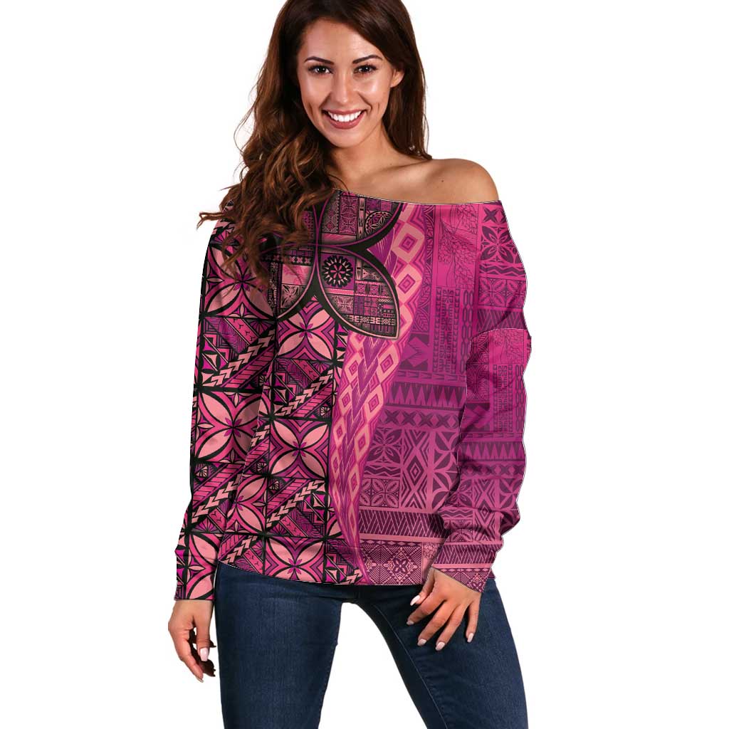 Samoan Pacific Tribal Flower Geometric Art Tattoos Off Shoulder Sweater Siapo Pattern Romantic Rose - Polynesian Pride