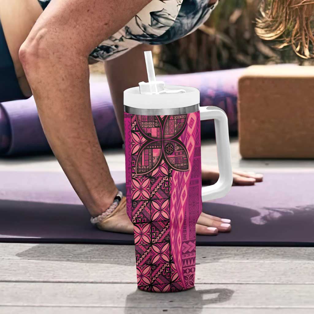 Samoan Pacific Tribal Flower Geometric Art Tattoos Tumbler With Handle Siapo Pattern Romantic Rose - Polynesian Pride