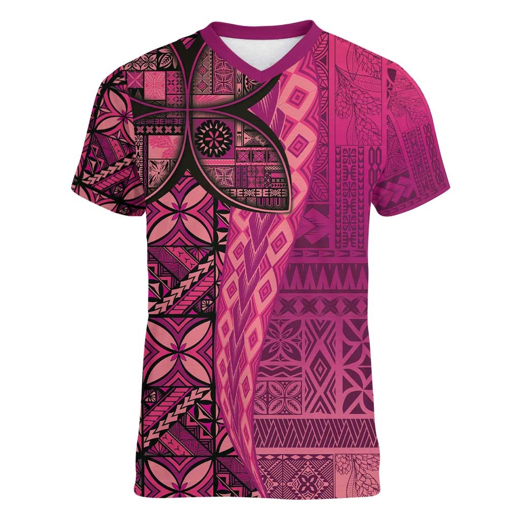 Samoan Pacific Tribal Flower Geometric Art Tattoos Women V-Neck T-Shirt Siapo Pattern Romantic Rose LT03 Female Pink - Polynesian Pride