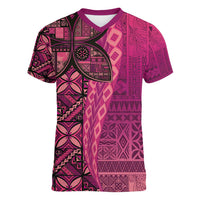 Samoan Pacific Tribal Flower Geometric Art Tattoos Women V-Neck T-Shirt Siapo Pattern Romantic Rose LT03 Female Pink - Polynesian Pride