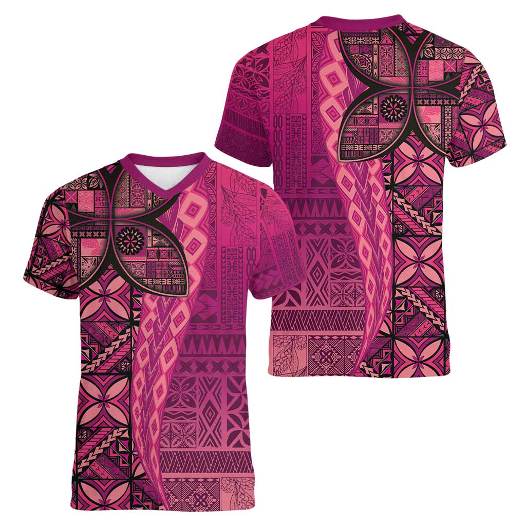 Samoan Pacific Tribal Flower Geometric Art Tattoos Women V-Neck T-Shirt Siapo Pattern Romantic Rose LT03 - Polynesian Pride