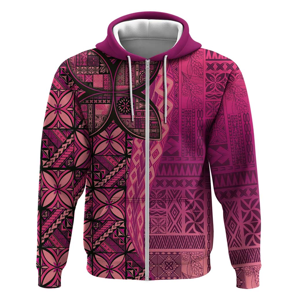 Samoan Pacific Tribal Flower Geometric Art Tattoos Zip Hoodie Siapo Pattern Romantic Rose LT03 Zip Hoodie Pink - Polynesian Pride