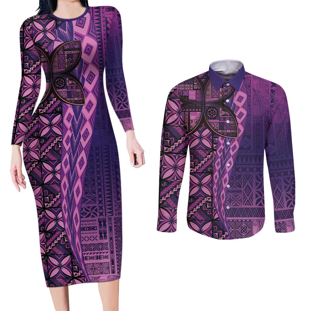 Samoan Pacific Tribal Flower Geometric Art Tattoos Couples Matching Long Sleeve Bodycon Dress and Long Sleeve Button Shirt Siapo Pattern Purple Haze LT03 Purple - Polynesian Pride