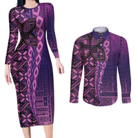 Samoan Pacific Tribal Flower Geometric Art Tattoos Couples Matching Long Sleeve Bodycon Dress and Long Sleeve Button Shirt Siapo Pattern Purple Haze LT03 Purple - Polynesian Pride