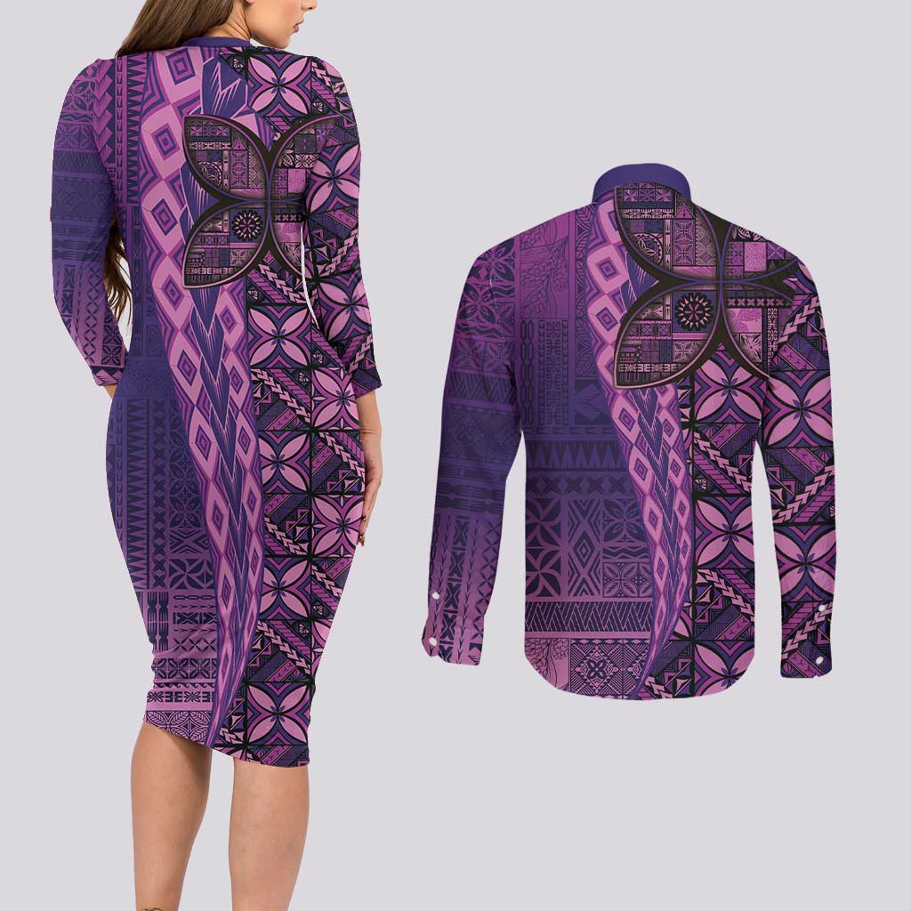 Samoan Pacific Tribal Flower Geometric Art Tattoos Couples Matching Long Sleeve Bodycon Dress and Long Sleeve Button Shirt Siapo Pattern Purple Haze LT03 - Polynesian Pride