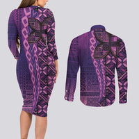Samoan Pacific Tribal Flower Geometric Art Tattoos Couples Matching Long Sleeve Bodycon Dress and Long Sleeve Button Shirt Siapo Pattern Purple Haze LT03 - Polynesian Pride