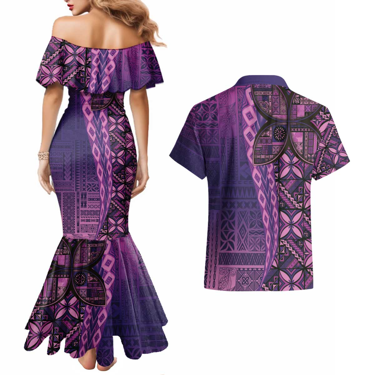 Samoan Pacific Tribal Flower Geometric Art Tattoos Couples Matching Mermaid Dress and Hawaiian Shirt Siapo Pattern Purple Haze LT03 - Polynesian Pride