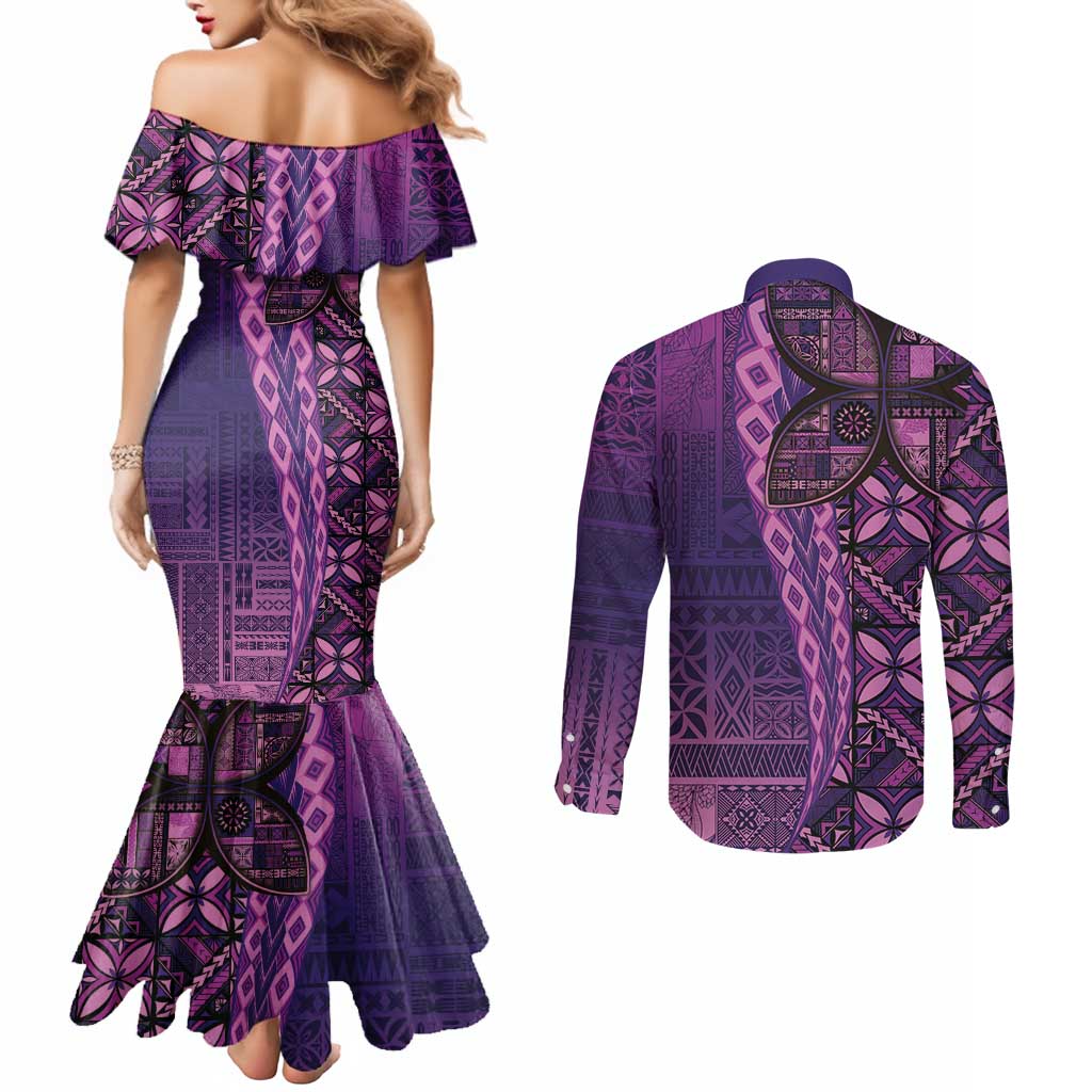 Samoan Pacific Tribal Flower Geometric Art Tattoos Couples Matching Mermaid Dress and Long Sleeve Button Shirt Siapo Pattern Purple Haze LT03 - Polynesian Pride
