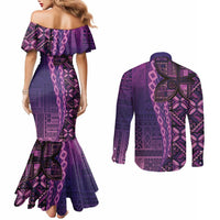 Samoan Pacific Tribal Flower Geometric Art Tattoos Couples Matching Mermaid Dress and Long Sleeve Button Shirt Siapo Pattern Purple Haze LT03 - Polynesian Pride