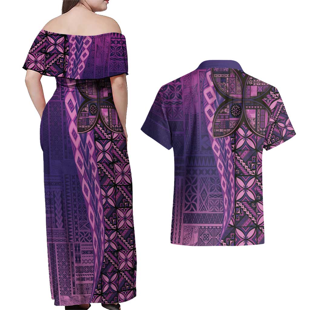 Samoan Pacific Tribal Flower Geometric Art Tattoos Couples Matching Off Shoulder Maxi Dress and Hawaiian Shirt Siapo Pattern Purple Haze LT03 - Polynesian Pride