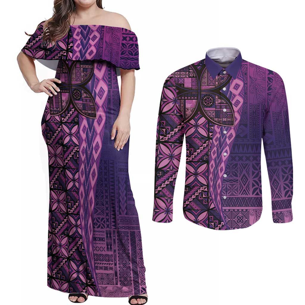 Samoan Pacific Tribal Flower Geometric Art Tattoos Couples Matching Off Shoulder Maxi Dress and Long Sleeve Button Shirt Siapo Pattern Purple Haze LT03 Purple - Polynesian Pride