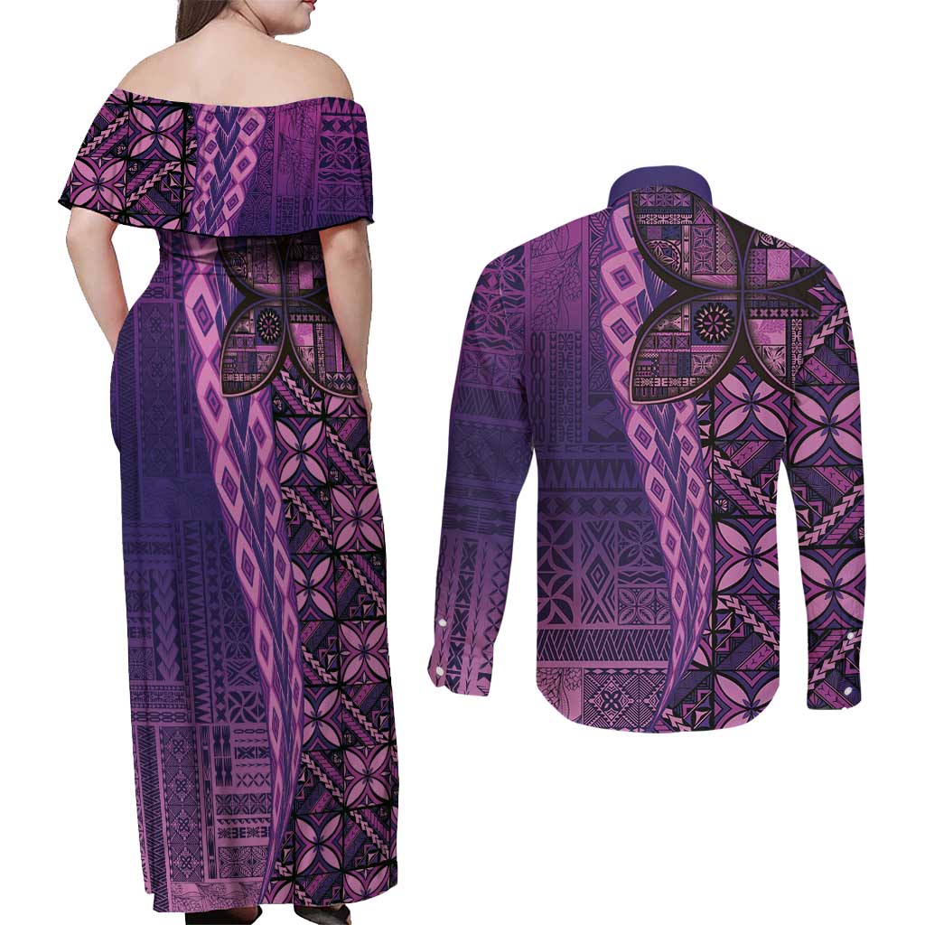 Samoan Pacific Tribal Flower Geometric Art Tattoos Couples Matching Off Shoulder Maxi Dress and Long Sleeve Button Shirt Siapo Pattern Purple Haze LT03 - Polynesian Pride