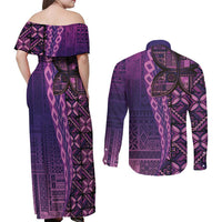 Samoan Pacific Tribal Flower Geometric Art Tattoos Couples Matching Off Shoulder Maxi Dress and Long Sleeve Button Shirt Siapo Pattern Purple Haze LT03 - Polynesian Pride