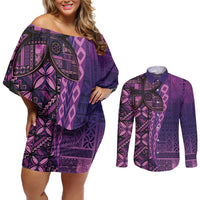 Samoan Pacific Tribal Flower Geometric Art Tattoos Couples Matching Off Shoulder Short Dress and Long Sleeve Button Shirt Siapo Pattern Purple Haze LT03 Purple - Polynesian Pride