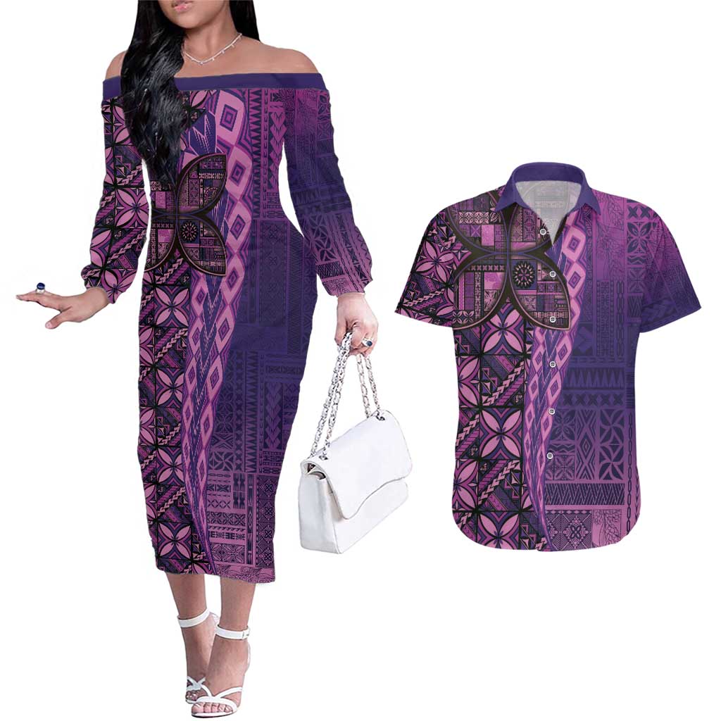 Samoan Pacific Tribal Flower Geometric Art Tattoos Couples Matching Off The Shoulder Long Sleeve Dress and Hawaiian Shirt Siapo Pattern Purple Haze LT03 Purple - Polynesian Pride
