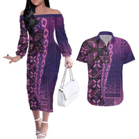 Samoan Pacific Tribal Flower Geometric Art Tattoos Couples Matching Off The Shoulder Long Sleeve Dress and Hawaiian Shirt Siapo Pattern Purple Haze LT03 Purple - Polynesian Pride