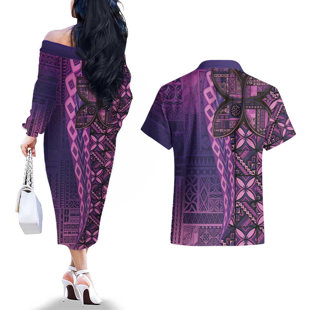 Samoan Pacific Tribal Flower Geometric Art Tattoos Couples Matching Off The Shoulder Long Sleeve Dress and Hawaiian Shirt Siapo Pattern Purple Haze LT03 - Polynesian Pride