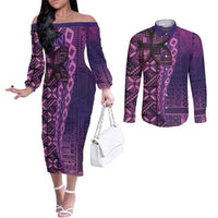 Samoan Pacific Tribal Flower Geometric Art Tattoos Couples Matching Off The Shoulder Long Sleeve Dress and Long Sleeve Button Shirt Siapo Pattern Purple Haze LT03 Purple - Polynesian Pride