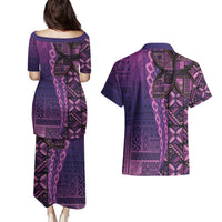 Samoan Pacific Tribal Flower Geometric Art Tattoos Couples Matching Puletasi and Hawaiian Shirt Siapo Pattern Purple Haze LT03 - Polynesian Pride