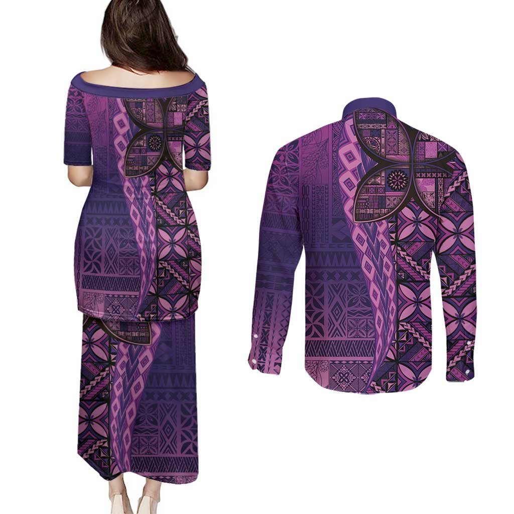 Samoan Pacific Tribal Flower Geometric Art Tattoos Couples Matching Puletasi and Long Sleeve Button Shirt Siapo Pattern Purple Haze LT03 - Polynesian Pride