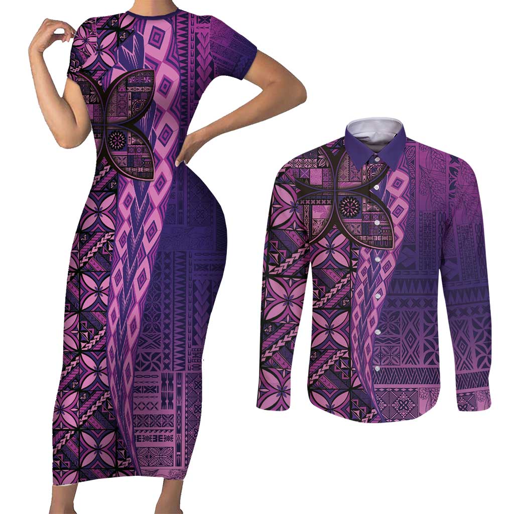 Samoan Pacific Tribal Flower Geometric Art Tattoos Couples Matching Short Sleeve Bodycon Dress and Long Sleeve Button Shirt Siapo Pattern Purple Haze LT03 Purple - Polynesian Pride