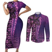 Samoan Pacific Tribal Flower Geometric Art Tattoos Couples Matching Short Sleeve Bodycon Dress and Long Sleeve Button Shirt Siapo Pattern Purple Haze LT03 Purple - Polynesian Pride