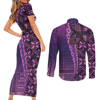 Samoan Pacific Tribal Flower Geometric Art Tattoos Couples Matching Short Sleeve Bodycon Dress and Long Sleeve Button Shirt Siapo Pattern Purple Haze LT03 - Polynesian Pride