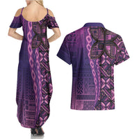 Samoan Pacific Tribal Flower Geometric Art Tattoos Couples Matching Summer Maxi Dress and Hawaiian Shirt Siapo Pattern Purple Haze LT03 - Polynesian Pride