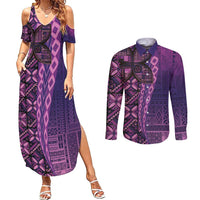 Samoan Pacific Tribal Flower Geometric Art Tattoos Couples Matching Summer Maxi Dress and Long Sleeve Button Shirt Siapo Pattern Purple Haze LT03 Purple - Polynesian Pride