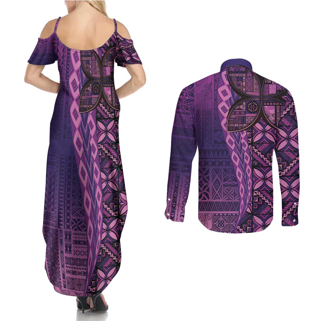 Samoan Pacific Tribal Flower Geometric Art Tattoos Couples Matching Summer Maxi Dress and Long Sleeve Button Shirt Siapo Pattern Purple Haze LT03 - Polynesian Pride