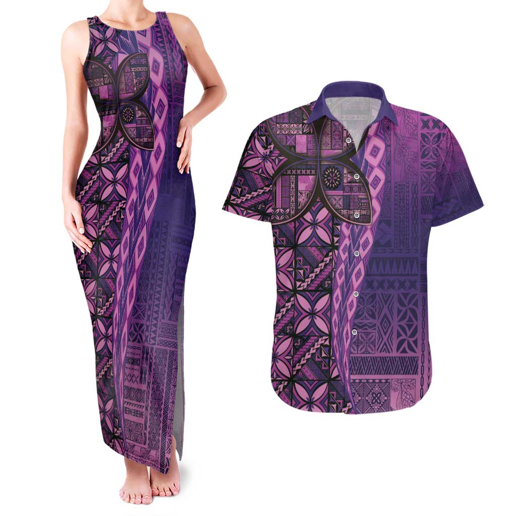 Samoan Pacific Tribal Flower Geometric Art Tattoos Couples Matching Tank Maxi Dress and Hawaiian Shirt Siapo Pattern Purple Haze LT03 Purple - Polynesian Pride