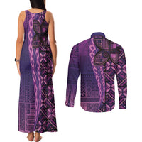Samoan Pacific Tribal Flower Geometric Art Tattoos Couples Matching Tank Maxi Dress and Long Sleeve Button Shirt Siapo Pattern Purple Haze LT03 - Polynesian Pride