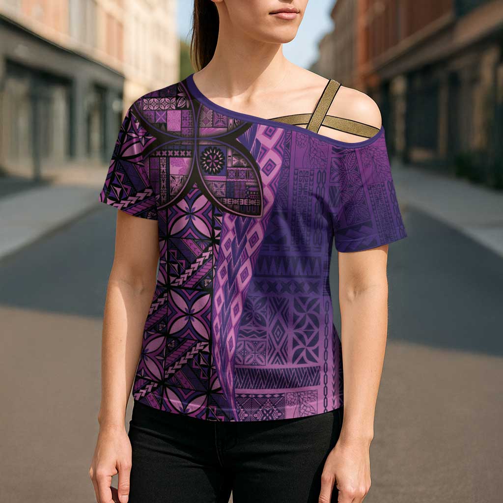 Samoan Pacific Tribal Flower Geometric Art Tattoos Cross Shoulder Shirt Siapo Pattern Purple Haze - Polynesian Pride