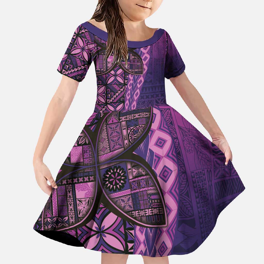 Samoan Pacific Tribal Flower Geometric Art Tattoos Family Matching Long Sleeve Bodycon Dress and Hawaiian Shirt Siapo Pattern Purple Haze LT03 Daughter's Dress Purple - Polynesian Pride