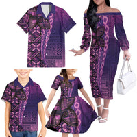 Samoan Pacific Tribal Flower Geometric Art Tattoos Family Matching Off The Shoulder Long Sleeve Dress and Hawaiian Shirt Siapo Pattern Purple Haze LT03 - Polynesian Pride