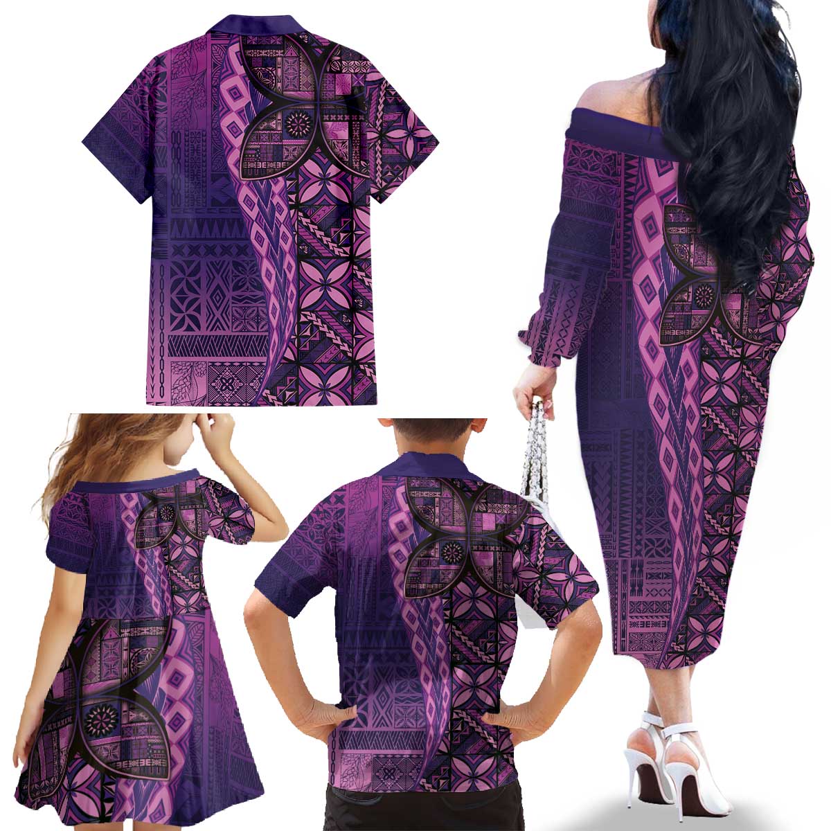 Samoan Pacific Tribal Flower Geometric Art Tattoos Family Matching Off The Shoulder Long Sleeve Dress and Hawaiian Shirt Siapo Pattern Purple Haze LT03 - Polynesian Pride