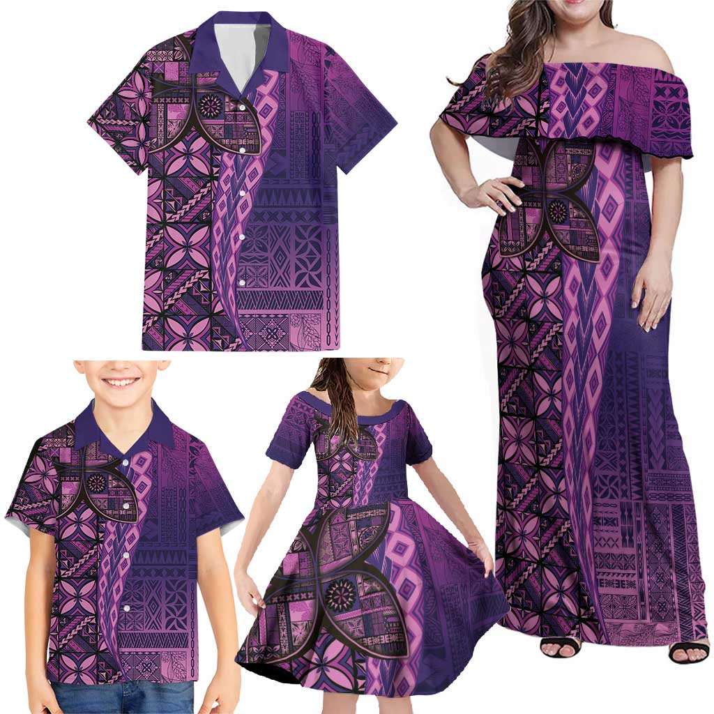 Samoan Pacific Tribal Flower Geometric Art Tattoos Family Matching Off Shoulder Maxi Dress and Hawaiian Shirt Siapo Pattern Purple Haze LT03 - Polynesian Pride