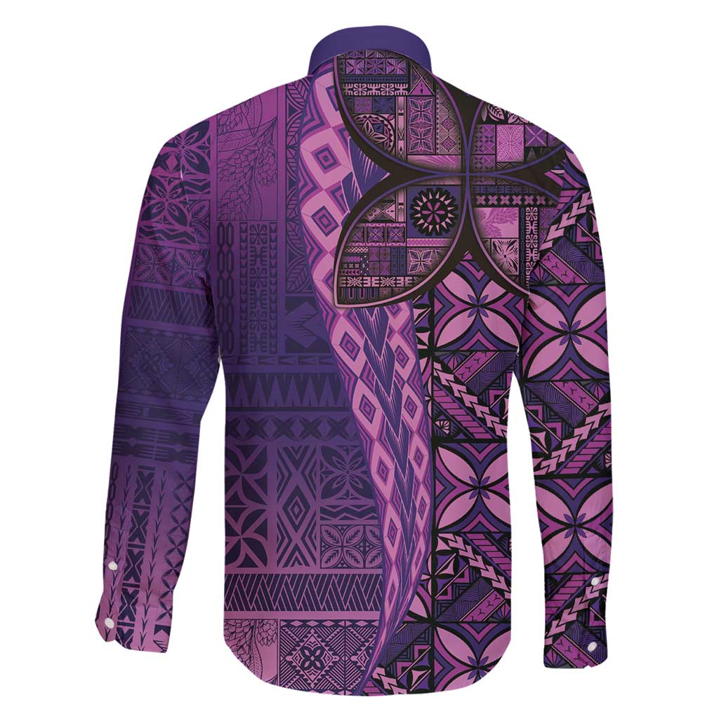 Samoan Pacific Tribal Flower Geometric Art Tattoos Family Matching Off Shoulder Maxi Dress and Hawaiian Shirt Siapo Pattern Purple Haze LT03 - Polynesian Pride
