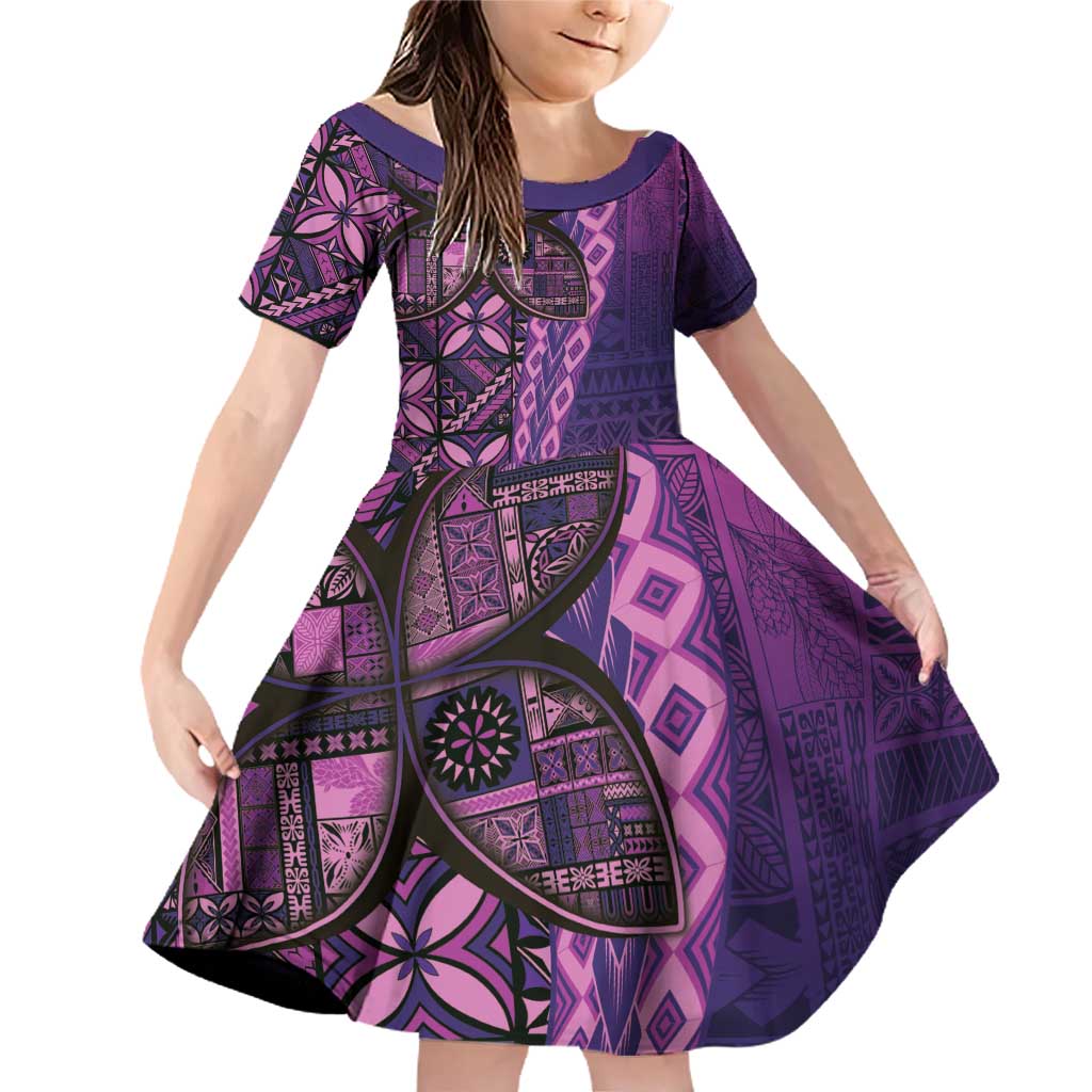 Samoan Pacific Tribal Flower Geometric Art Tattoos Family Matching Off Shoulder Short Dress and Hawaiian Shirt Siapo Pattern Purple Haze LT03 Daughter's Dress Purple - Polynesian Pride