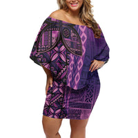 Samoan Pacific Tribal Flower Geometric Art Tattoos Family Matching Off Shoulder Short Dress and Hawaiian Shirt Siapo Pattern Purple Haze LT03 Mom's Dress Purple - Polynesian Pride