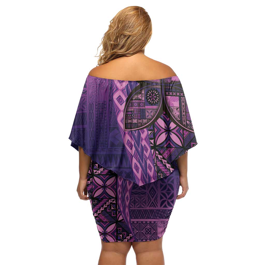 Samoan Pacific Tribal Flower Geometric Art Tattoos Family Matching Off Shoulder Short Dress and Hawaiian Shirt Siapo Pattern Purple Haze LT03 - Polynesian Pride