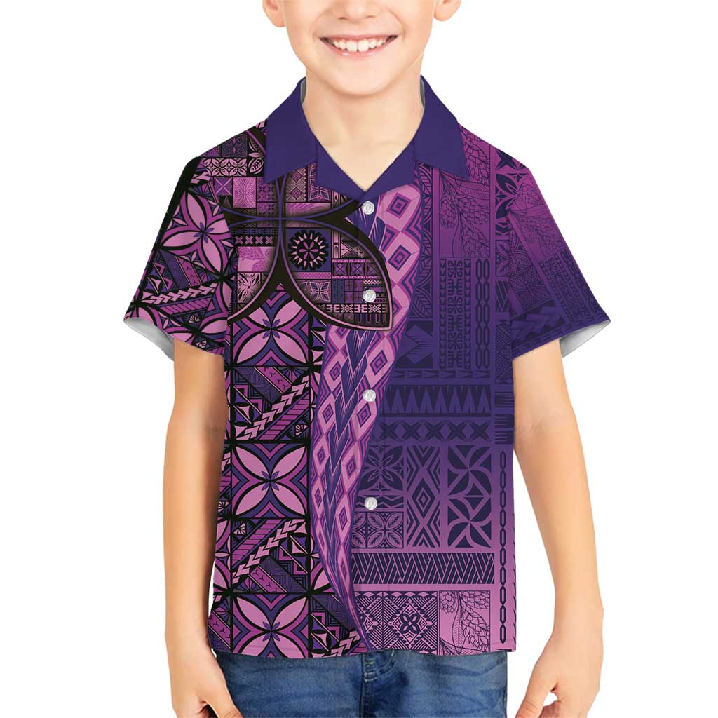 Samoan Pacific Tribal Flower Geometric Art Tattoos Family Matching Off Shoulder Short Dress and Hawaiian Shirt Siapo Pattern Purple Haze LT03 Son's Shirt Purple - Polynesian Pride