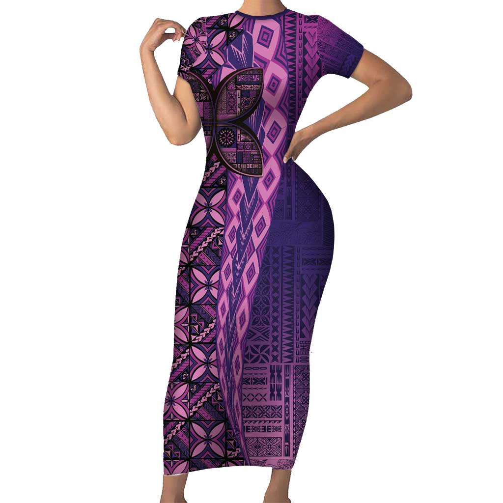 Samoan Pacific Tribal Flower Geometric Art Tattoos Family Matching Short Sleeve Bodycon Dress and Hawaiian Shirt Siapo Pattern Purple Haze LT03 Mom's Dress Purple - Polynesian Pride