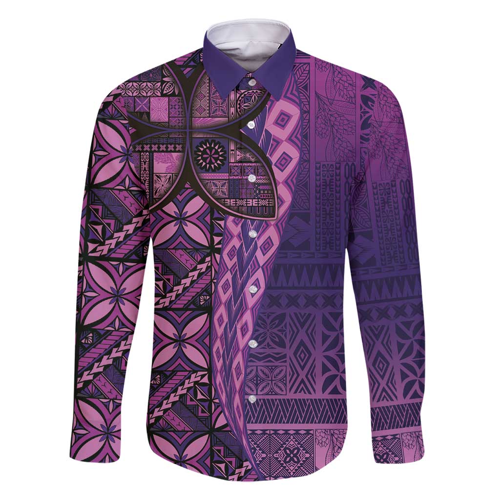 Samoan Pacific Tribal Flower Geometric Art Tattoos Family Matching Tank Maxi Dress and Hawaiian Shirt Siapo Pattern Purple Haze LT03 Dad's Shirt - Long Sleeve Purple - Polynesian Pride