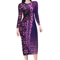 Samoan Pacific Tribal Flower Geometric Art Tattoos Long Sleeve Bodycon Dress Siapo Pattern Purple Haze LT03 Long Dress Purple - Polynesian Pride