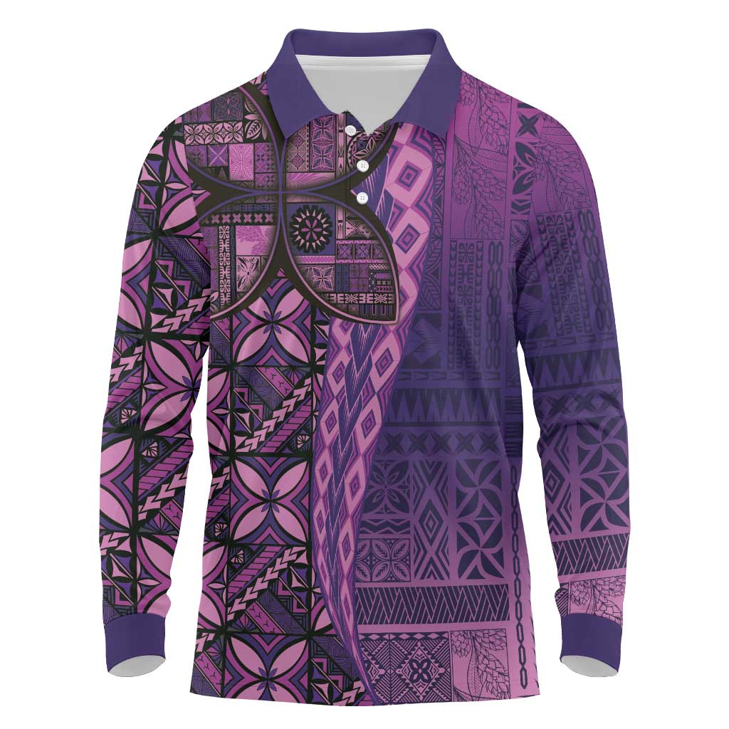 Samoan Pacific Tribal Flower Geometric Art Tattoos Long Sleeve Polo Shirt Siapo Pattern Purple Haze LT03 Purple - Polynesian Pride