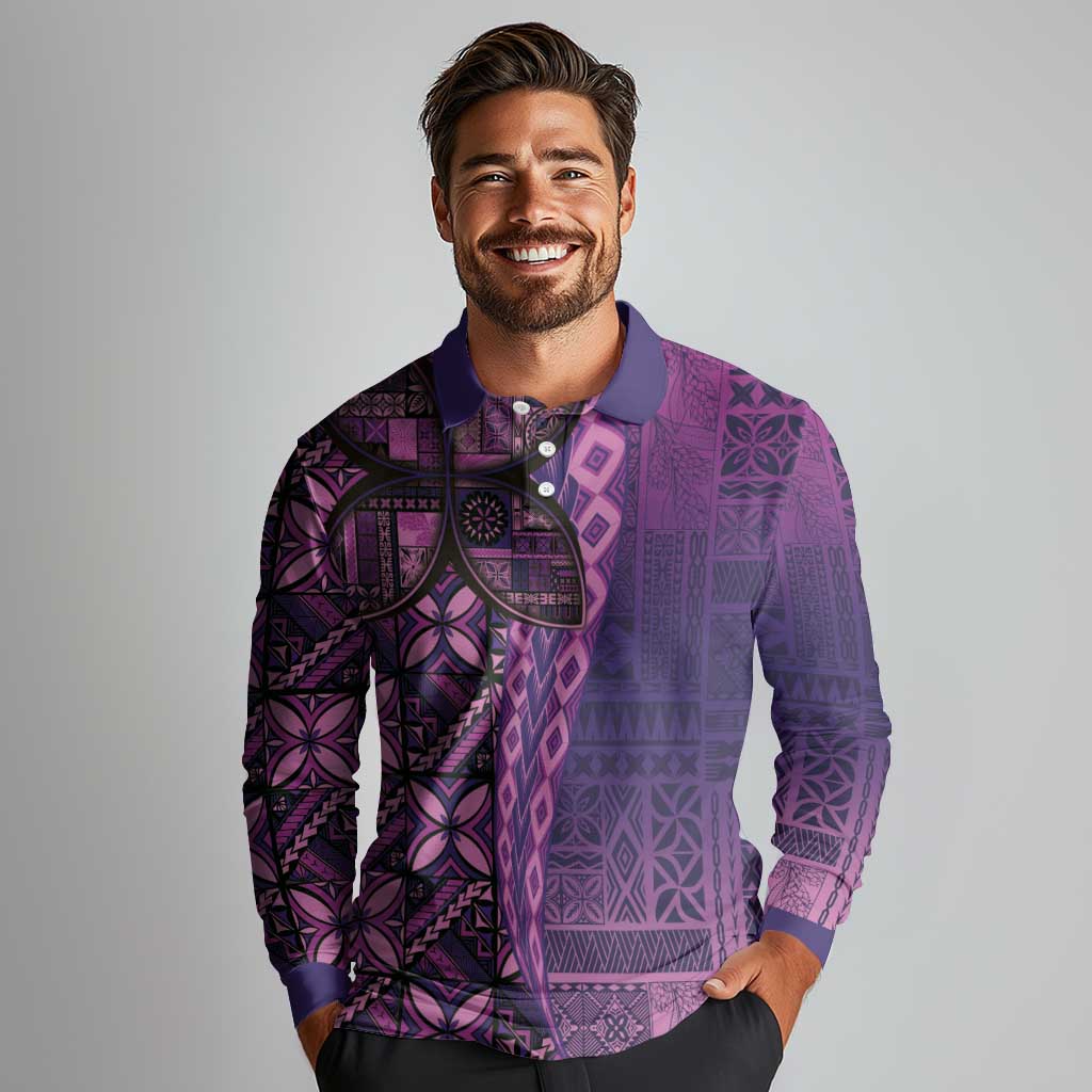 Samoan Pacific Tribal Flower Geometric Art Tattoos Long Sleeve Polo Shirt Siapo Pattern Purple Haze LT03 - Polynesian Pride